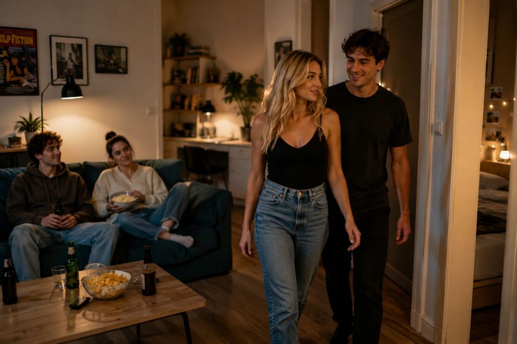 Couple rejoignant une chambre dans un appartement en colocation pendant que les colocataires restent au salon.