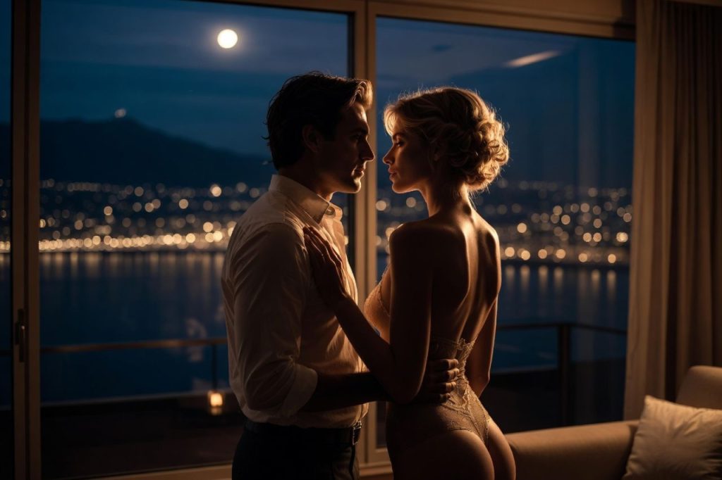 Couple suisse élégant dans un penthouse luxueux la nuit, ambiance intime et discrète
